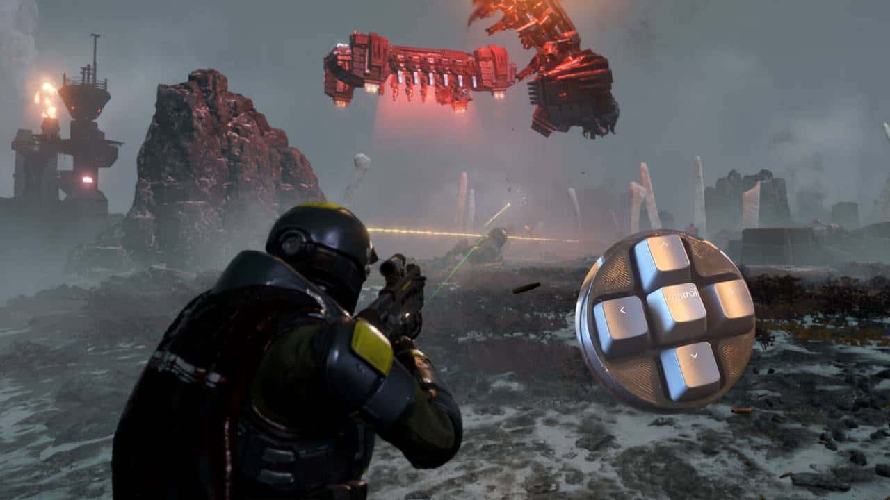 A character in a futuristic suit aims a weapon with a custom keypad at an enemy in a desolate, rocky landscape with a large mechanical structure indicative of Stratagems in the background, reminiscent of Hel