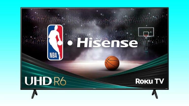 Hisense Roku TV auto drafting an NBA game scene with a basketball on a court under a starry sky.