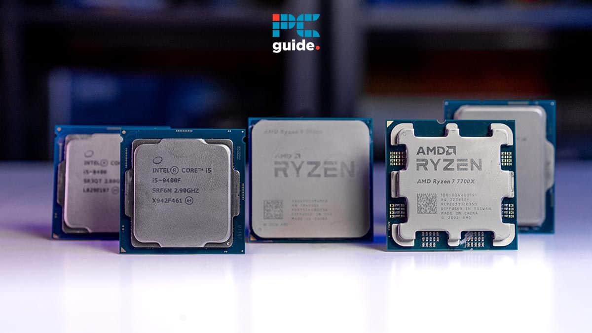 An array of various computer processors from Intel and AMD, known for their CPU longevity, displayed on a blue-lit surface, featuring a PR guide logo in the background.