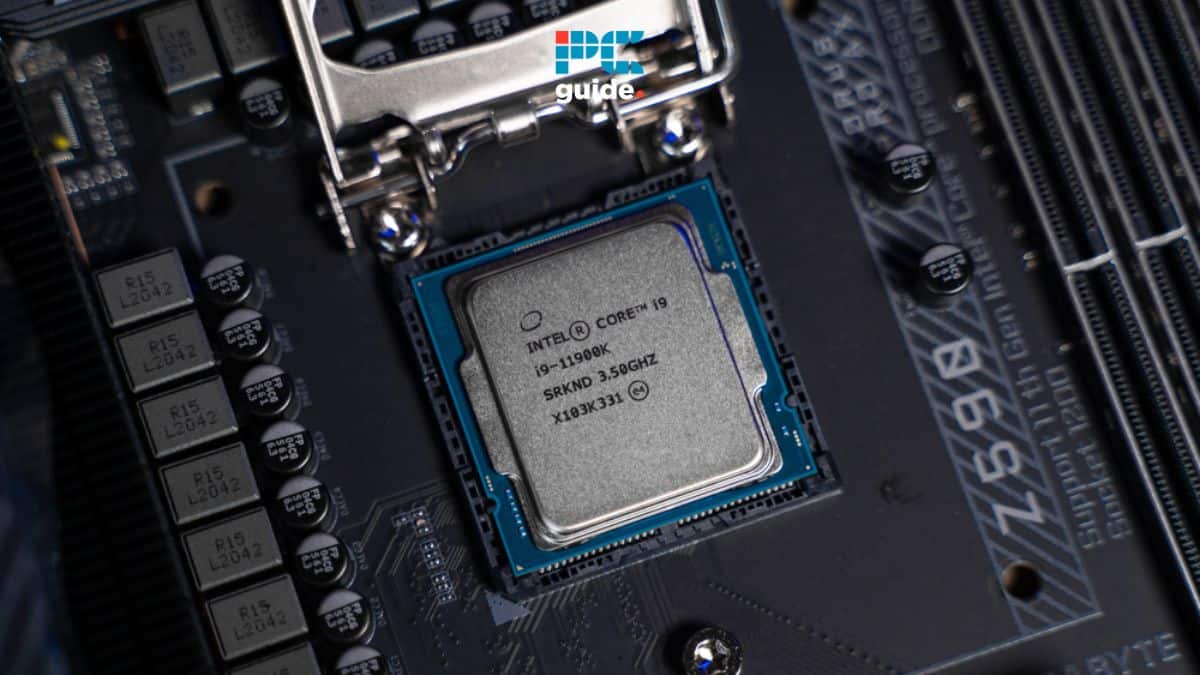 A close-up image of an Intel Core i9 processor installed on a motherboard, displaying detailed specifications on the chip and illustrating how to check CPU usage. Image taken by PCGuide.com