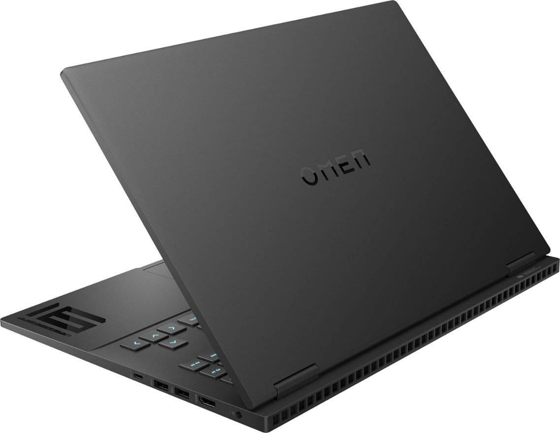 Black HP OMEN gaming laptop partially opened, showcasing backlit keyboard and brand logo.