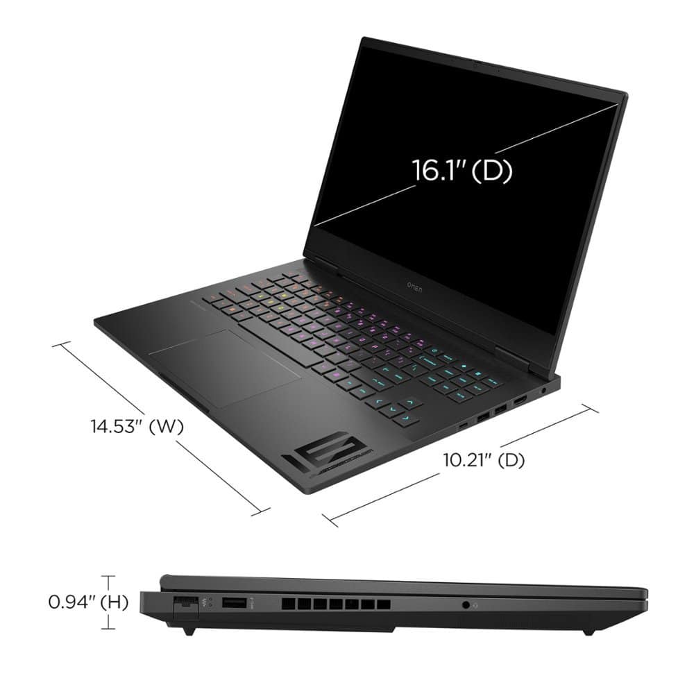 A 16.1-inch HP OMEN gaming laptop with dimensions labeled, showing width, depth, and height, featuring a backlit keyboard.