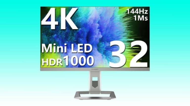 A 32-inch mini LED monitor displaying vibrant colors and text highlighting its features: 4k resolution, 144Hz refresh rate, 1ms response time, and HDR 1000 with Auto