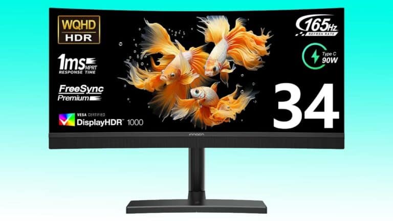 A computer monitor displaying colorful, vibrant fish graphics with auto draft, emphasizing features like wqhd hdr, 165hz refresh rate, and displayhdr 1000 certification.