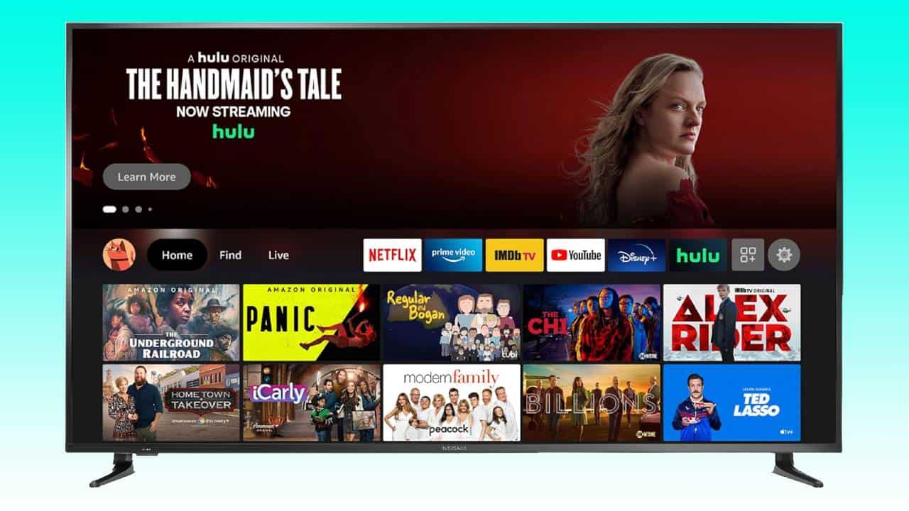 Flat-screen Insignia 75-inch 4K TV displaying the Hulu streaming service homepage with promotional content for "The Handmaid's Tale" and various other streaming service icons and shows.