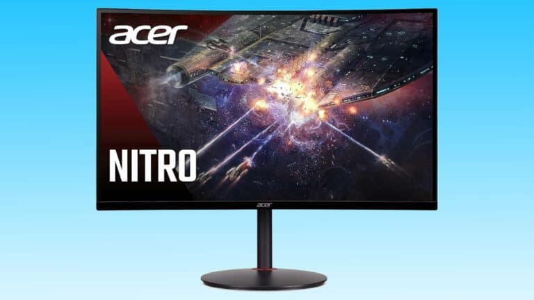 Acer Nitro curved gaming monitor displaying a vivid space battle scene with exploding ships and cosmic debris.