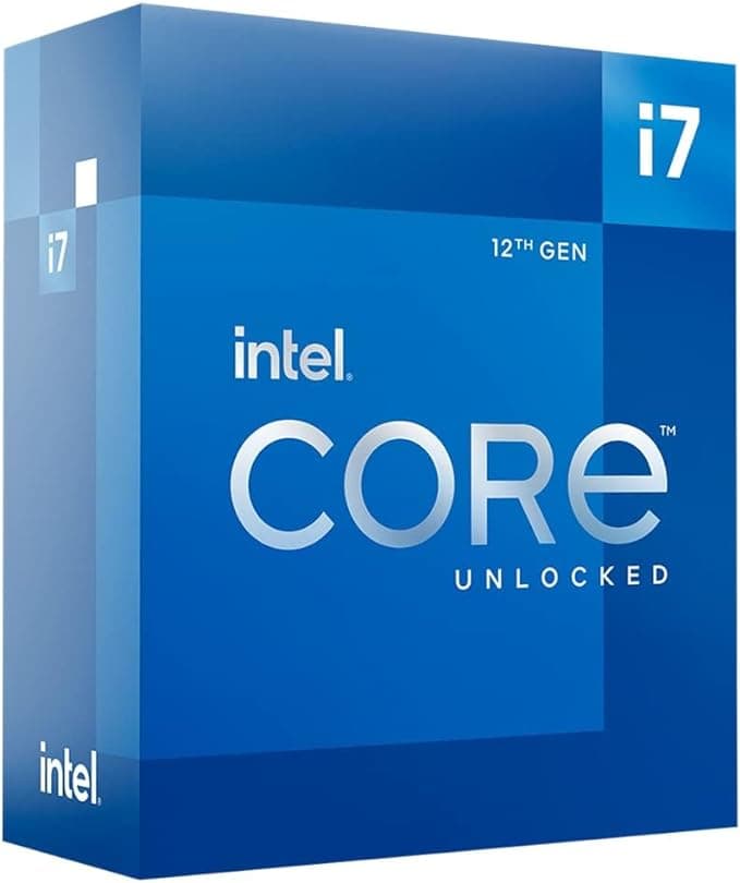 A blue Intel Core i7-12700K 12th gen desktop processor box labeled "unlocked," featuring the Intel logo prominently.