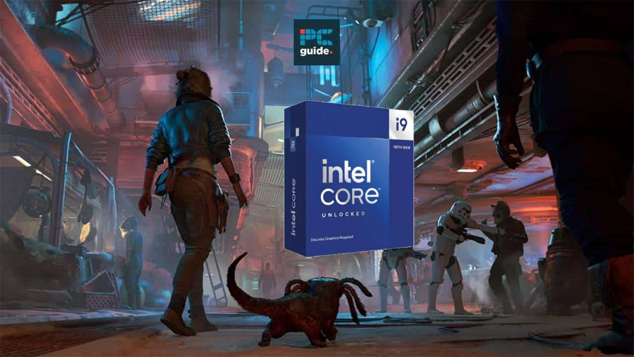 A digital artwork showcasing a sci-fi scene with a person and a small creature walking through a crowded underground station, with an Intel Core i9-14900KF deal box in the foreground.
