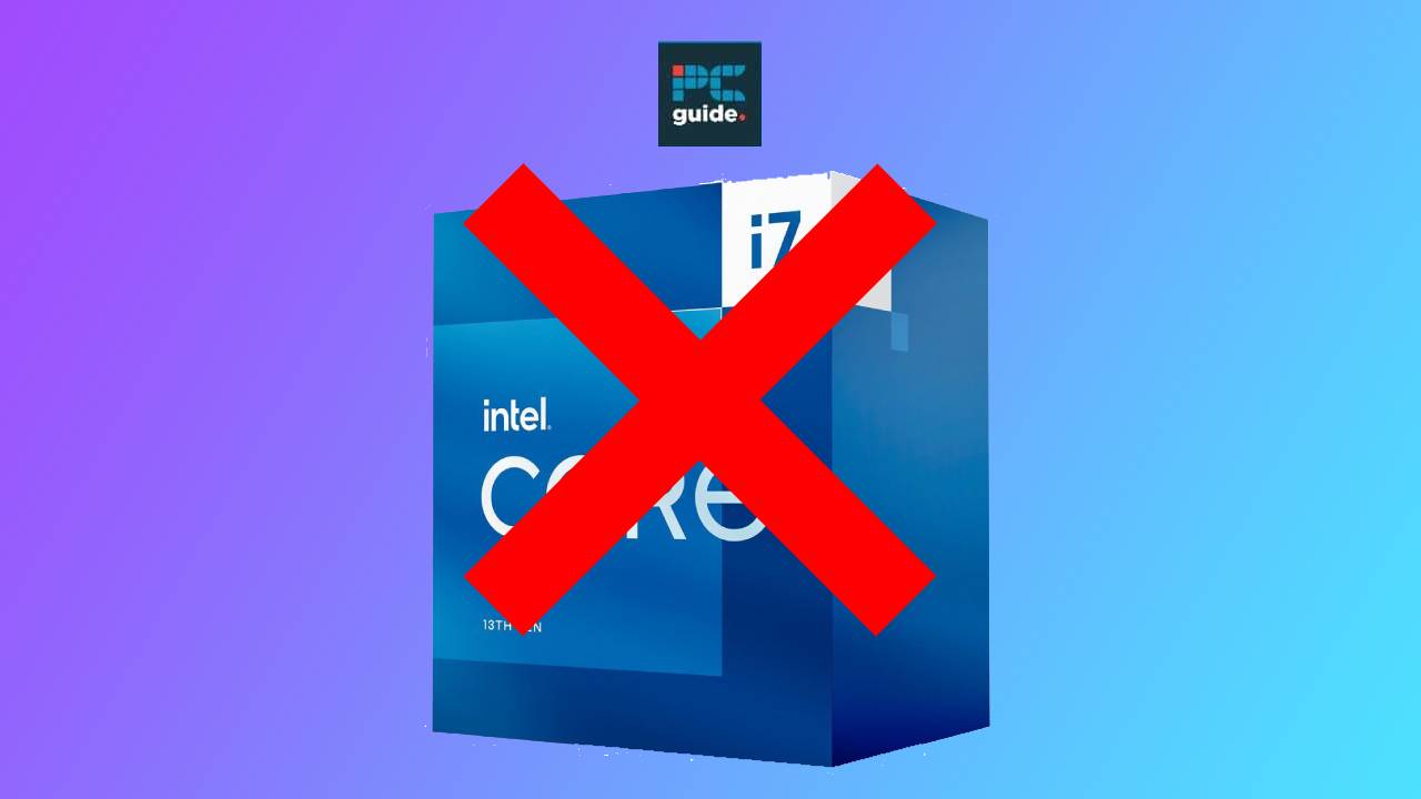 A box of a discontinued Intel Core i7 11th generation processor with a red cross mark over it, set against a blue and purple gradient background.