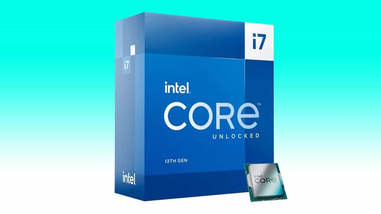 Intel core i7 13th gen unlocked CPU deal box and chip against a blue gradient background.
