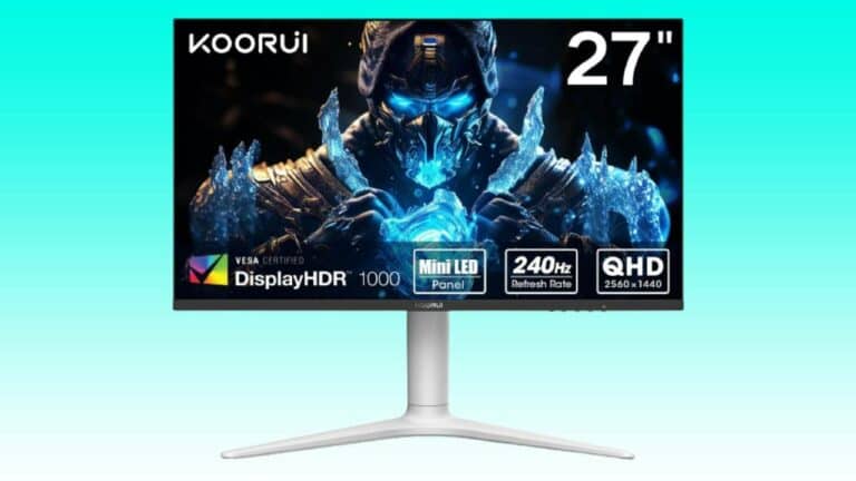 A 27-inch koorui monitor displaying a vivid image of a futuristic armored character, featuring mini led technology, VESA certification, and a 240Hz refresh rate.