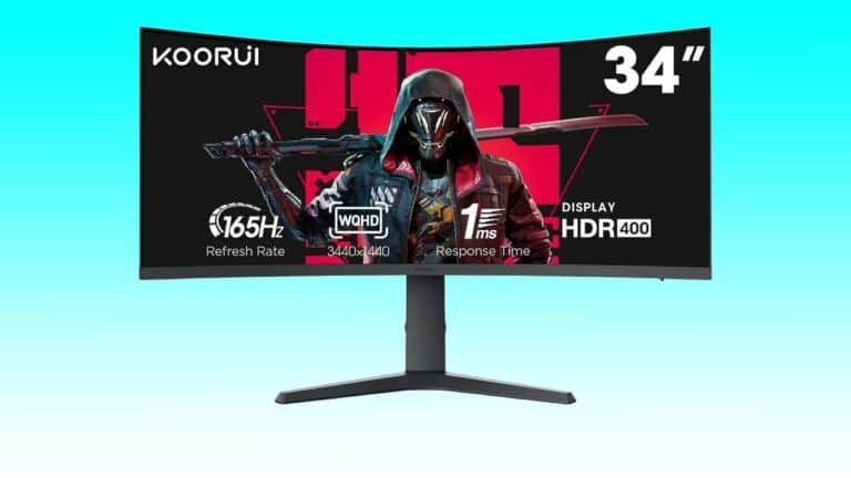 A 34-inch voorui gaming monitor displaying a graphic of a warrior with a sword, featuring specs like 165hz refresh rate and 1ms response time on an auto draft blue background.