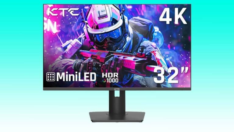 32-inch ktc 4k miniled hdr monitor displaying a vibrant Auto Draft of a futuristic soldier in armor holding a rifle.