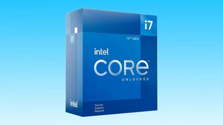 Intel Core i7-12700KF 12th gen processor box on a blue background, labeled "unlocked" with logo and "discrete graphics required" note.