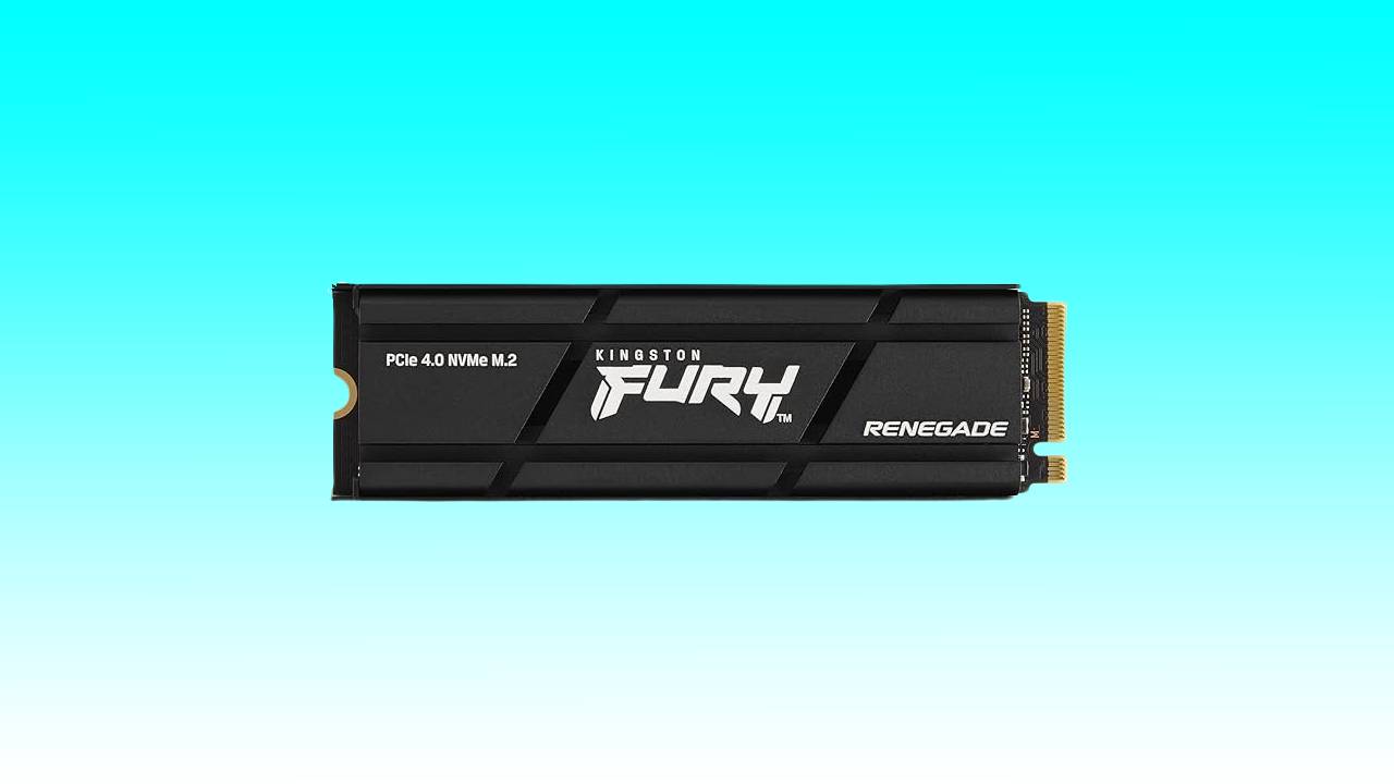 Kingston Fury Renegade 2TB SSD, a black M.2 NVMe solid-state drive, displayed on a turquoise background.