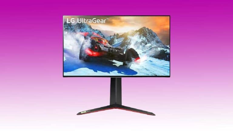 LG Ultra Gear gaming monitor displaying a high-resolution image of a car chase on a snowy mountain landscape.
