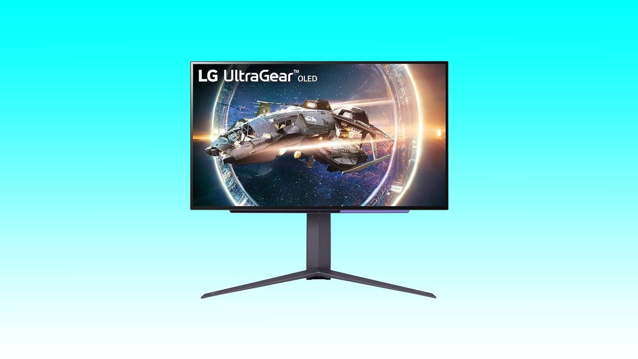 LG Ultragear OLED gaming monitor displaying a sci-fi spaceship graphic, featured against a plain background during Amazon Gaming Week.