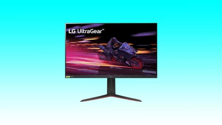 LG 32GP750-B Ultragear QHD gaming monitor displaying a high-speed motorcycle race against a blurred, colorful background.
