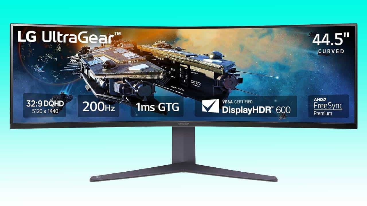 A 44.5-inch curved LG Ultragear gaming monitor displaying its key features, such as a 32:9 QHD resolution, 200Hz refresh rate, 1ms GTG