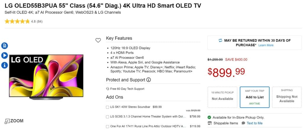 Lg OLED55B3PUA 55" class 4k ultra HD smart LG OLED TV on sale with a significant price cut, featuring a detailed feature list and pricing information displayed on a