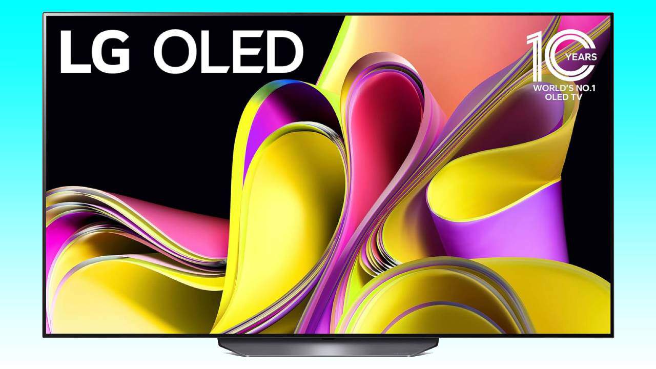 An LG OLED TV displaying vibrant and colorful abstract graphics on its auto draft, with text celebrating 10 years as the world's no.1 OLED TV.