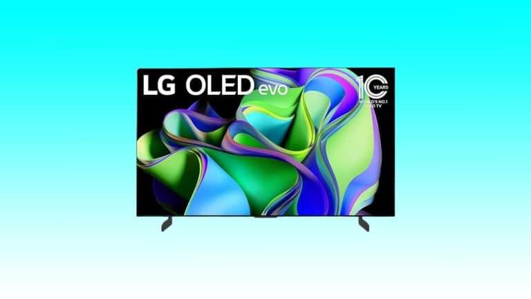 An LG C3 OLED gaming TV displaying colorful abstract graphics on a stand, against a light blue background.