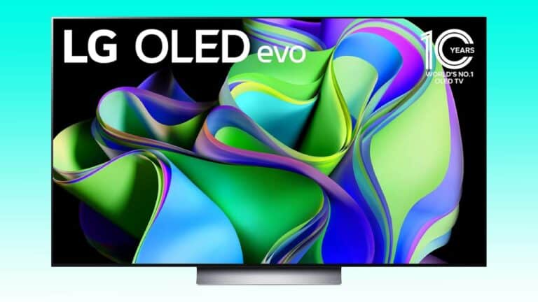 An LG C3 77-inch OLED displaying colorful abstract 3D graphics on its screen, with the text "10 years world's no.1 OLED TV.