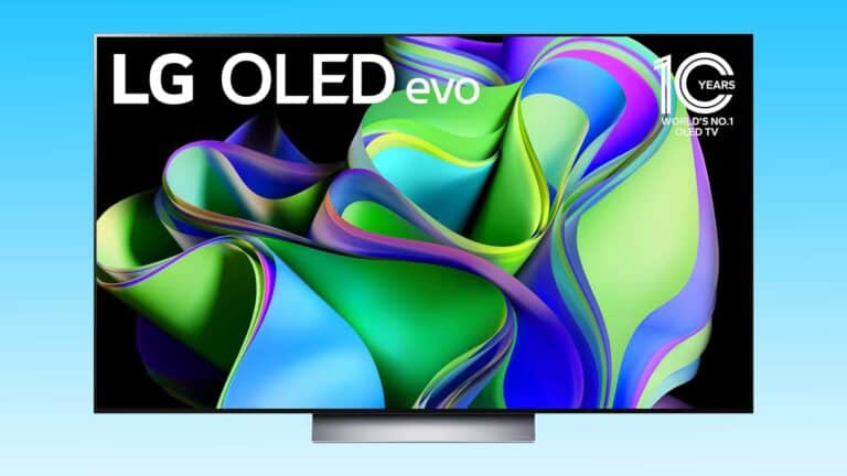 LG C3 OLED TV advertisement displaying vibrant, colorful abstract swirls on its screen with the text "10 years world's no. 1 OLED TV.