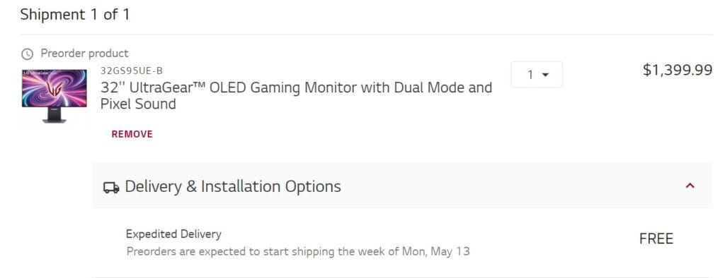Screenshot showing a pre order listing for a 32" LG UltraGear™ OLED gaming monitor, model 32GS95UE, priced at $3,999.99, with free