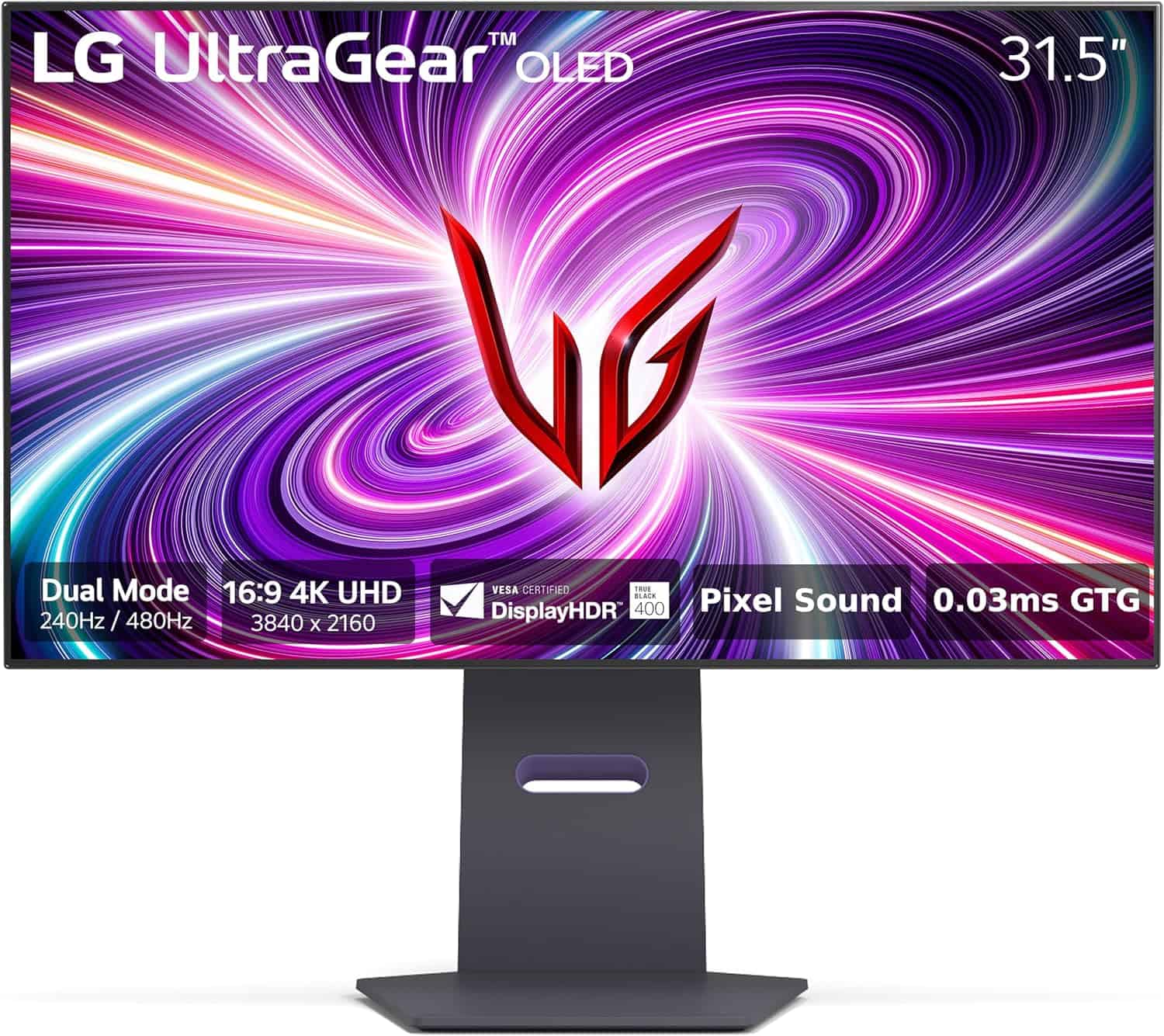 LG UltraGear 32GS95UE OLED 31.5" gaming monitor displaying a colorful abstract swirl with prominent red logo, highlighting features like 4K resolution, HDR, and 0.