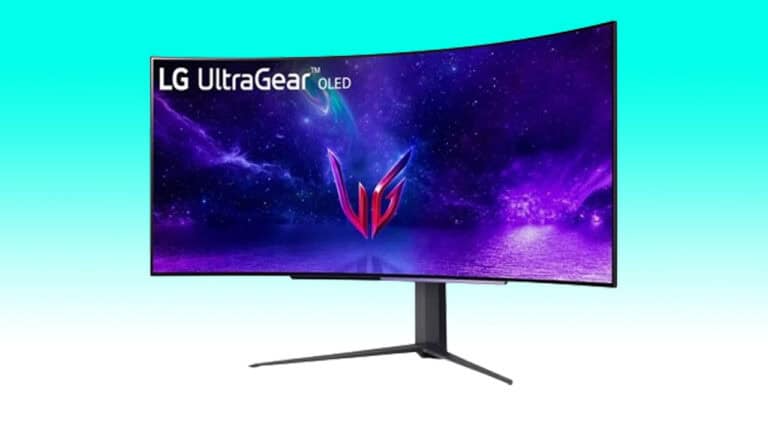 A LG UltraGear OLED curved gaming monitor with a logo on it.