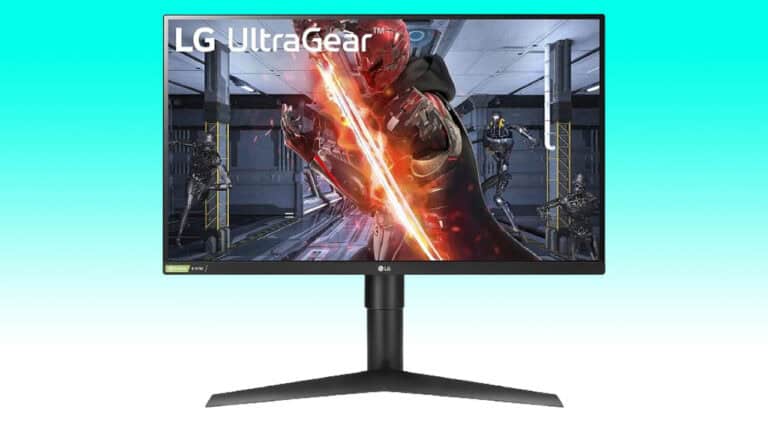 LG UltraGear OLED gaming monitor displaying vivid, dynamic action scene with a character in red armor amidst a futuristic battle.
