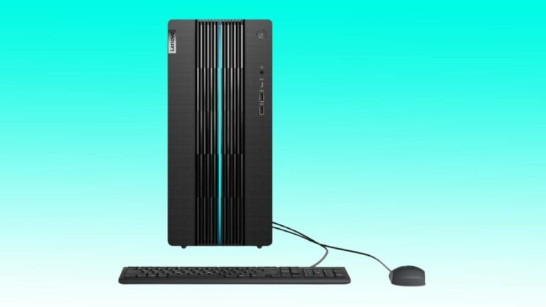 A Lenovo desktop computer with a vertical tower, keyboard, and mouse against an auto draft teal background.