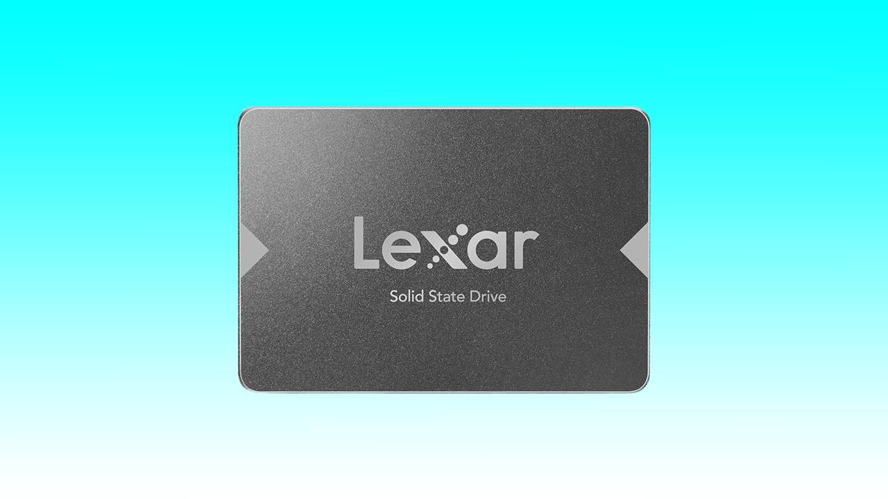 A Lexar 2TB internal SSD with a gray metallic finish, centered on a light blue gradient background.