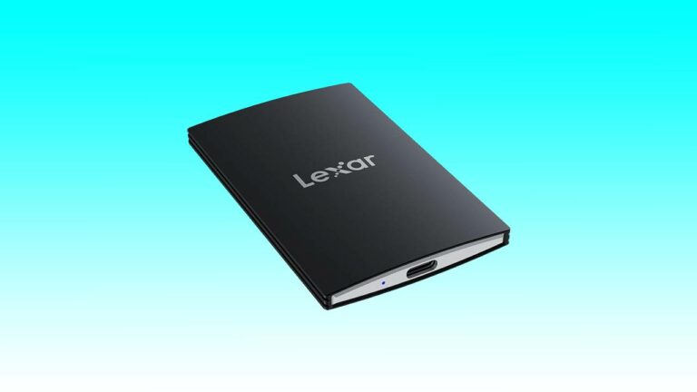 A black Lexar 2TB portable SSD floating on a blue gradient background.