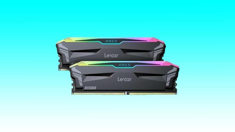 Two 32GB Lexar ARES RGB DDR5 memory modules side by side on a gradient blue-green background.