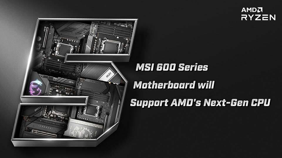 Promotional image of an MSI 600 series motherboard showcasing support for AMD's next-generation Zen 5 Ryzen CPU, on a dark background with brand logos.