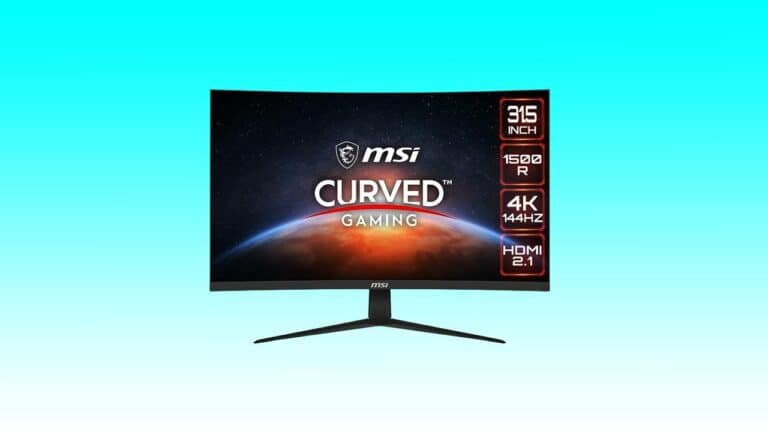 Promotional image of the 31.5-inch MSI G321CU curved gaming monitor featuring 4k resolution and 144hz refresh rate, displayed against a blue background.