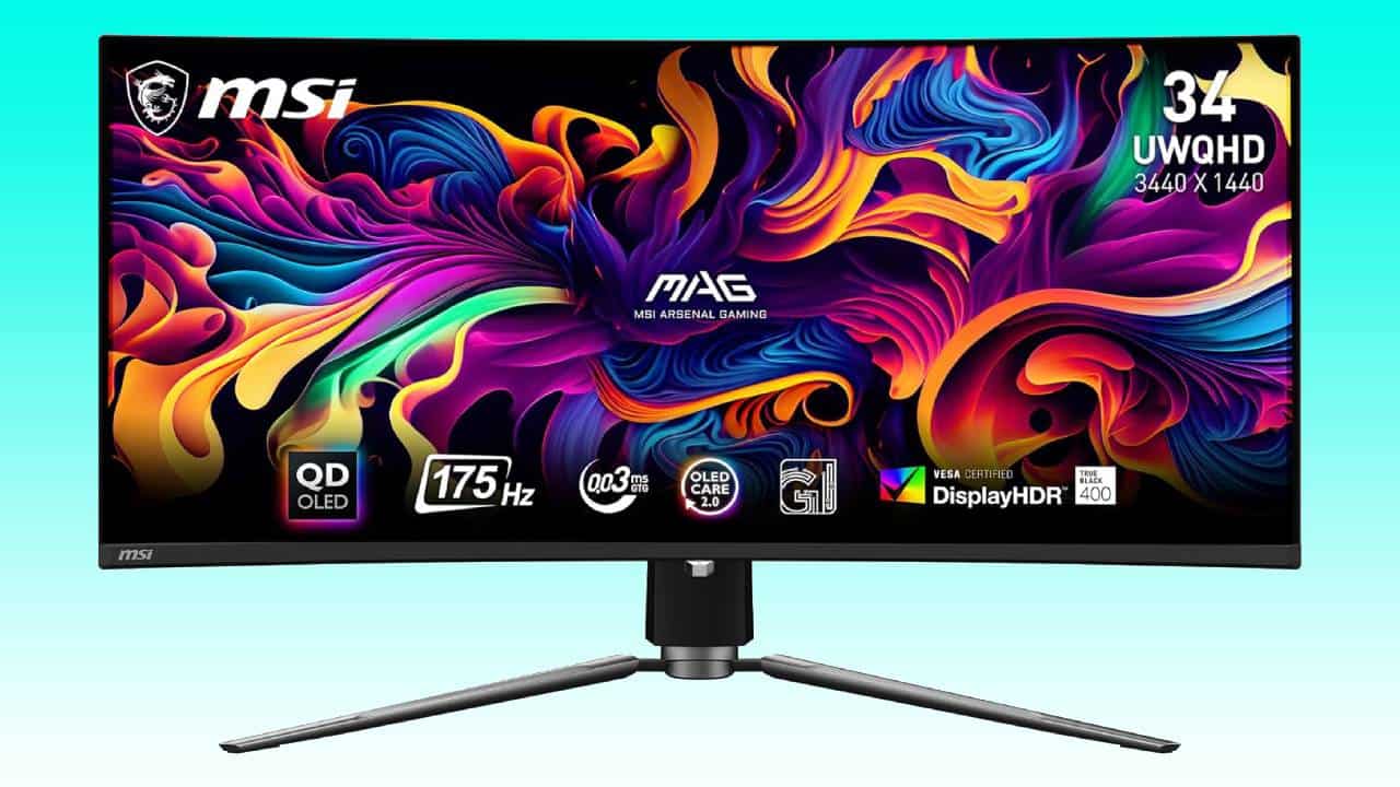A colorful msi gaming monitor displaying its key features, such as 34" uwqhd resolution, 175hz refresh rate, and qd oled display technology in auto draft.