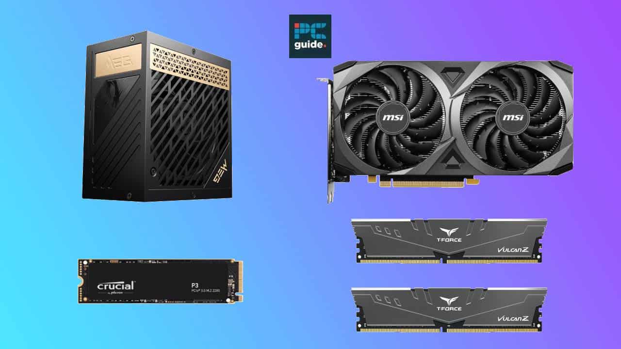 A collage of computer hardware components, including a CPU tower case, RTX 3060 graphics card bundle, and RAM modules against a blue background.