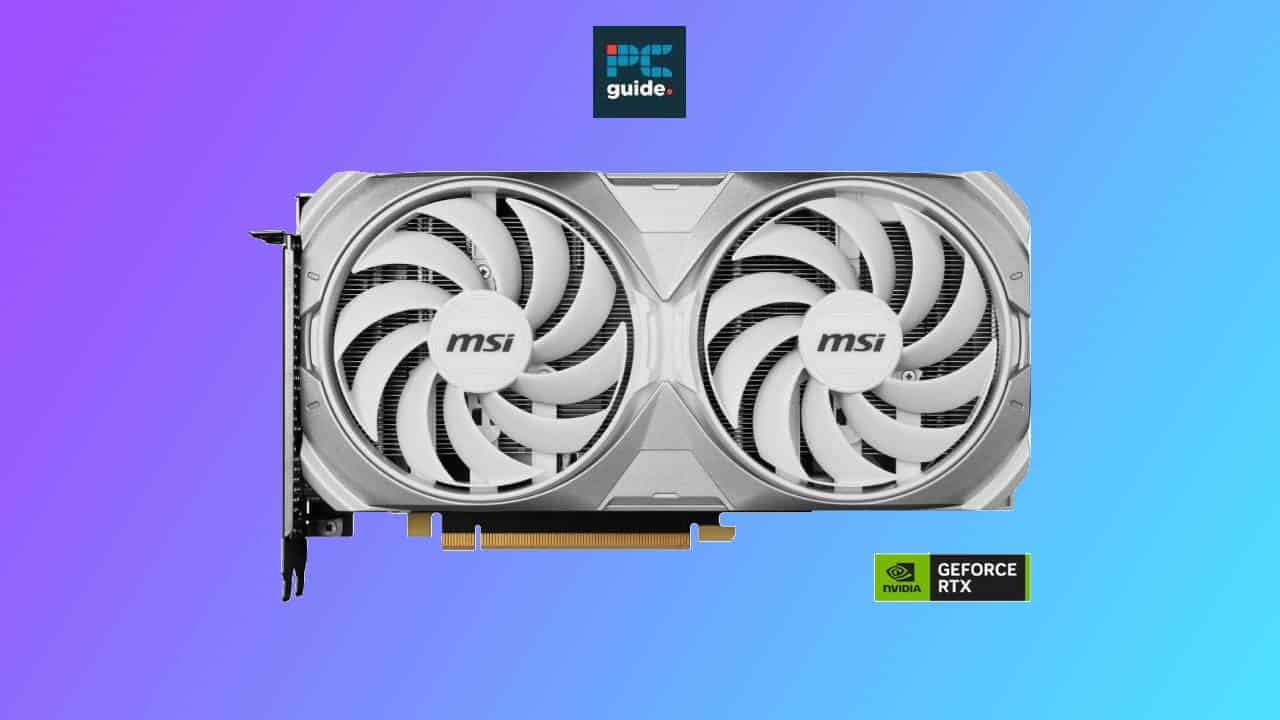 MSI GeForce RTX 4070 Super graphics card with two fans on a blue and purple gradient background.