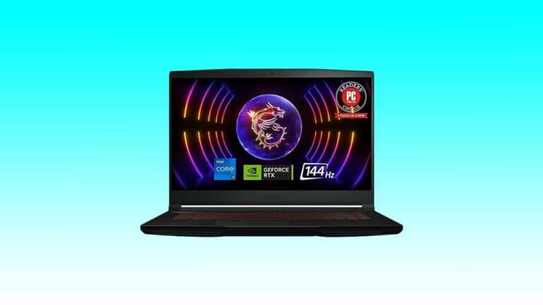 A $900 black MSI gaming laptop displaying vibrant graphics on the screen, featuring Intel Core and GeForce RTX logos, on a teal background.
