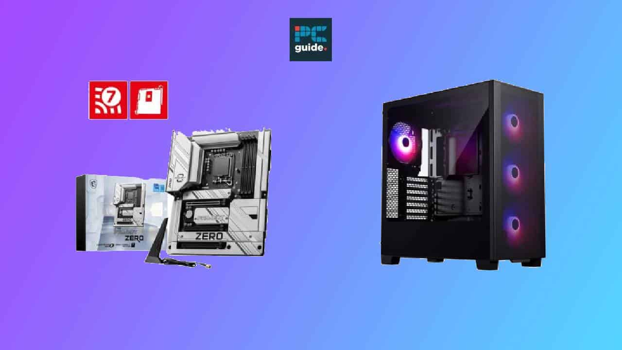 An assortment of computer hardware components, including a Phanteks mid-tower PC case bundle, and a desktop pc with rgb lighting, set against a purple background.
