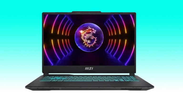 MSI Cyborg 15.6" laptop with a vibrant display featuring a glowing dragon emblem, set against a blue-to-green gradient background.