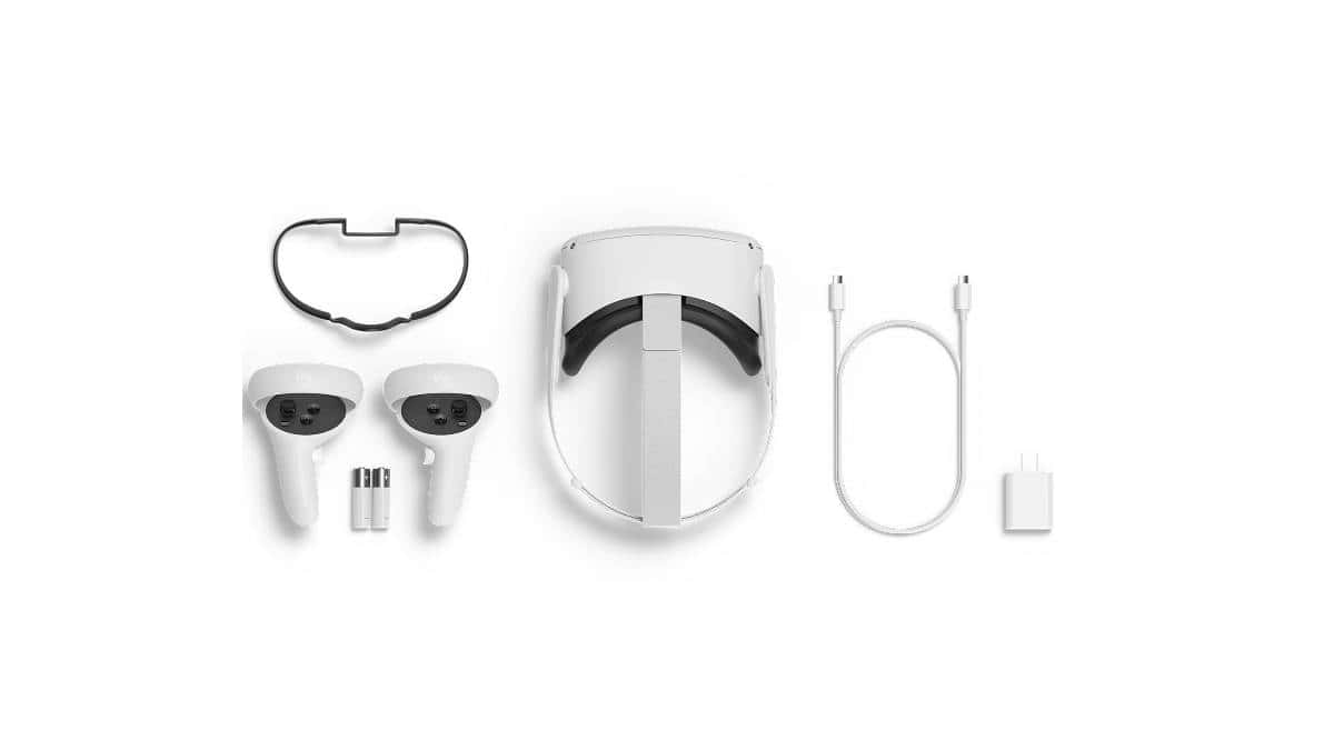 Assorted Meta Quest 2 VR headset accessories laid out on a white background.