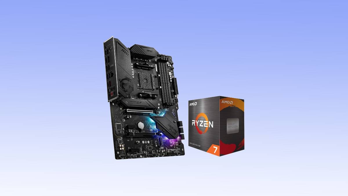 A computer motherboard and an AMD Ryzen 7 processor bundle against a gradient background.