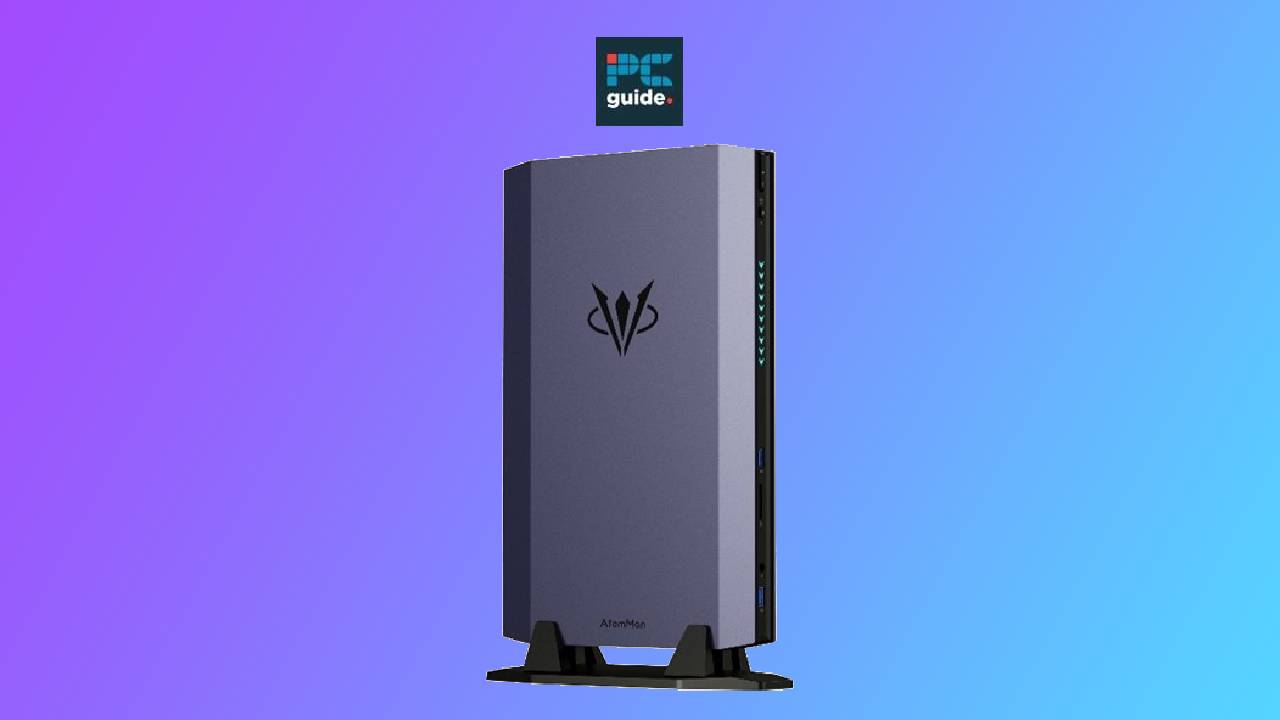 Minisforum RTX 4070 mini-PC on a blue and purple gradient background.