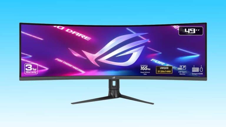 A 49-inch curved gaming monitor displaying a vibrant logo with specifications like 165hz refresh rate and Auto Draft resolution.