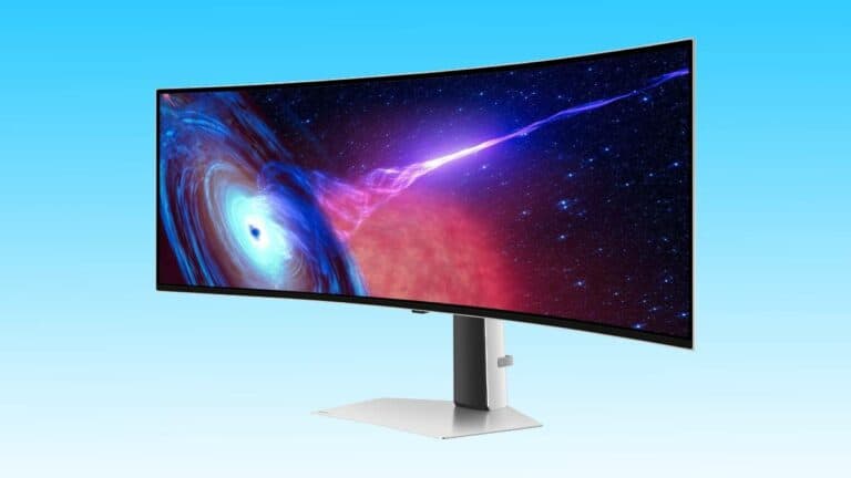 Curved Samsung 240Hz OLED gaming monitor displaying a vibrant space scene with a black hole and colorful cosmic dust on a blue background.