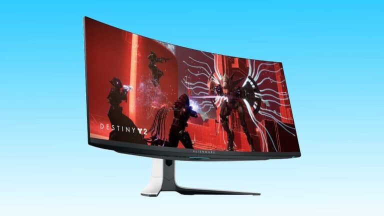 Curved gaming monitor on sale, displaying a scene from Destiny 2 with characters in combat.